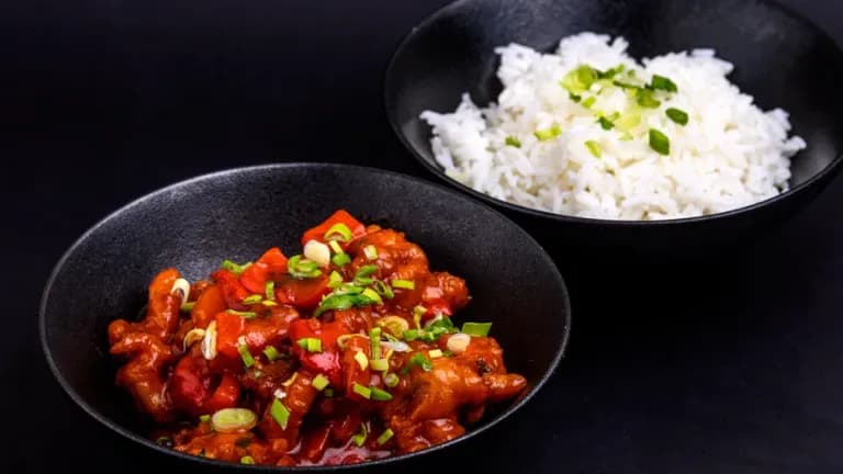 Vistas gaļa medus-tomātu mērcē ar basmati rīsiem